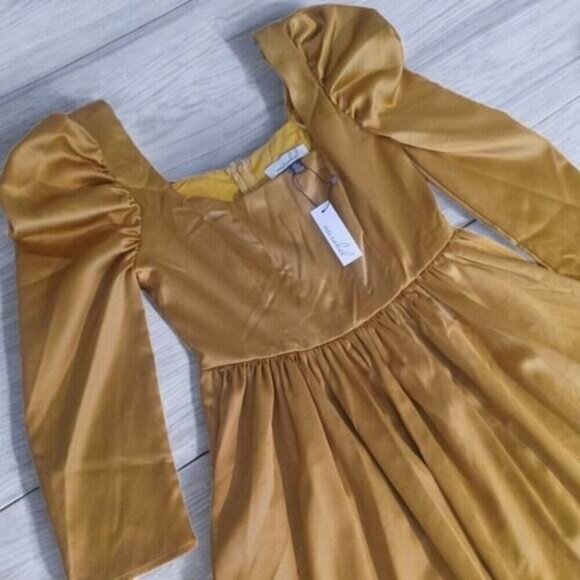 Revolve Mirabel Satin Effect Mini Babydoll Dress Gold Chartreuse Size S NWT - Picture 4 of 13